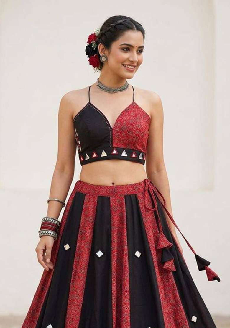 Crimson Red And Black Mirror Work Cotton Navratri Lehenga Set - Indya