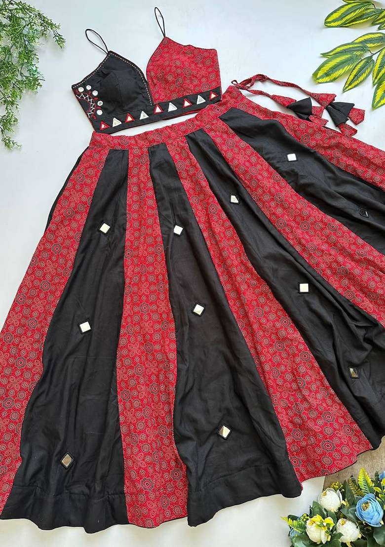 Crimson Red And Black Mirror Work Cotton Navratri Lehenga Set - Indya