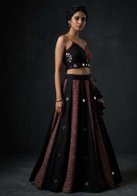 Magenta And Black Navratri Cotton Lehenga Set with Mirror Work for Diwali | Wedding & Festive Wear
