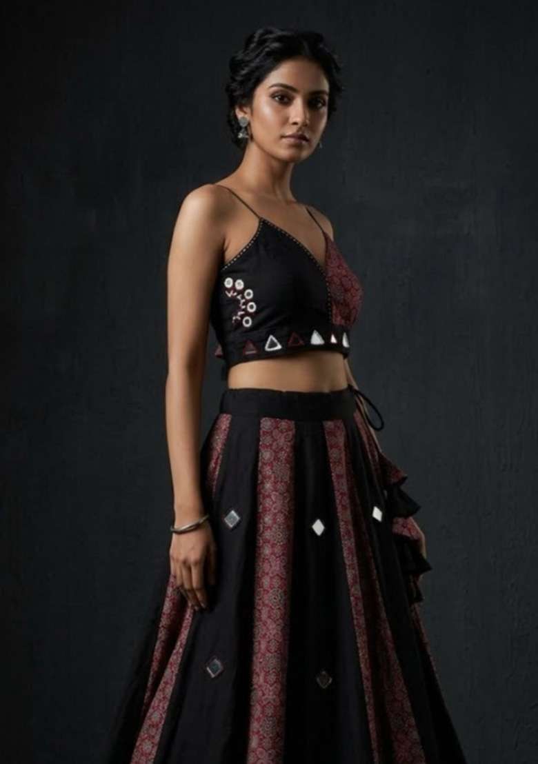 Magenta And Black Mirror Work Cotton Navratri Lehenga Set - Indya