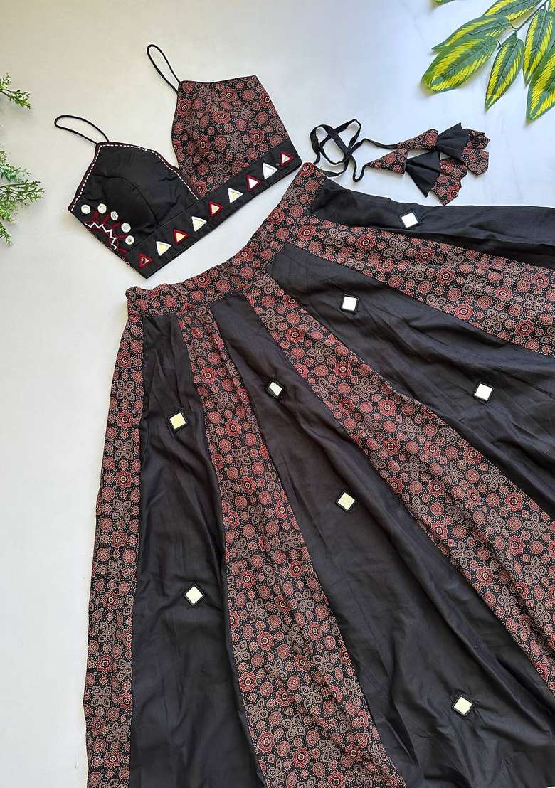 Rust Red And Black Mirror Work Cotton Navratri Lehenga Set - Indya