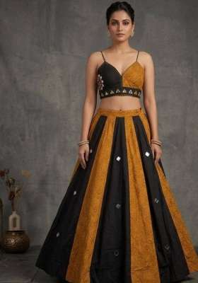 Mustard Yellow And Black Mirror Work Cotton Navratri Lehenga Set for Diwali and Festive Wear