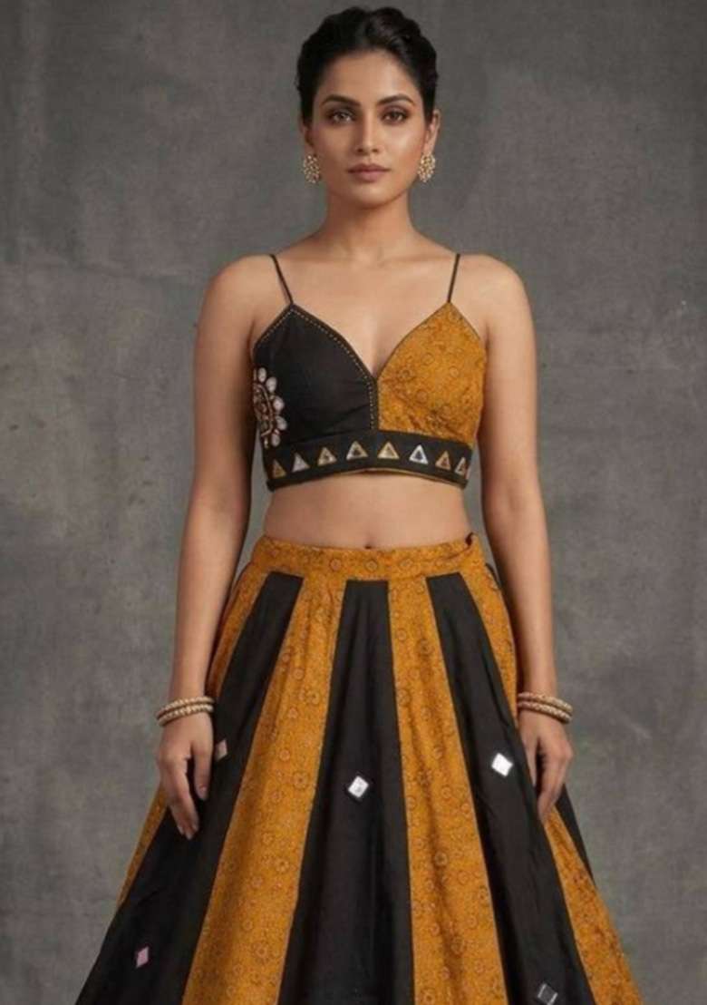 Mustard Yellow And Black Mirror Work Cotton Navratri Lehenga Set - Indya