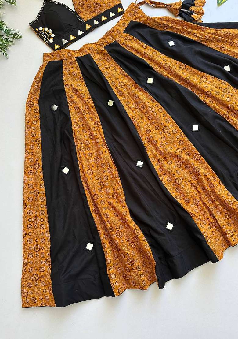 Mustard Yellow And Black Mirror Work Cotton Navratri Lehenga Set - Indya