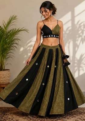 Olive Green And Black Navratri Cotton Lehenga Set with Mirror Work for Diwali | Wedding & Festive Wear