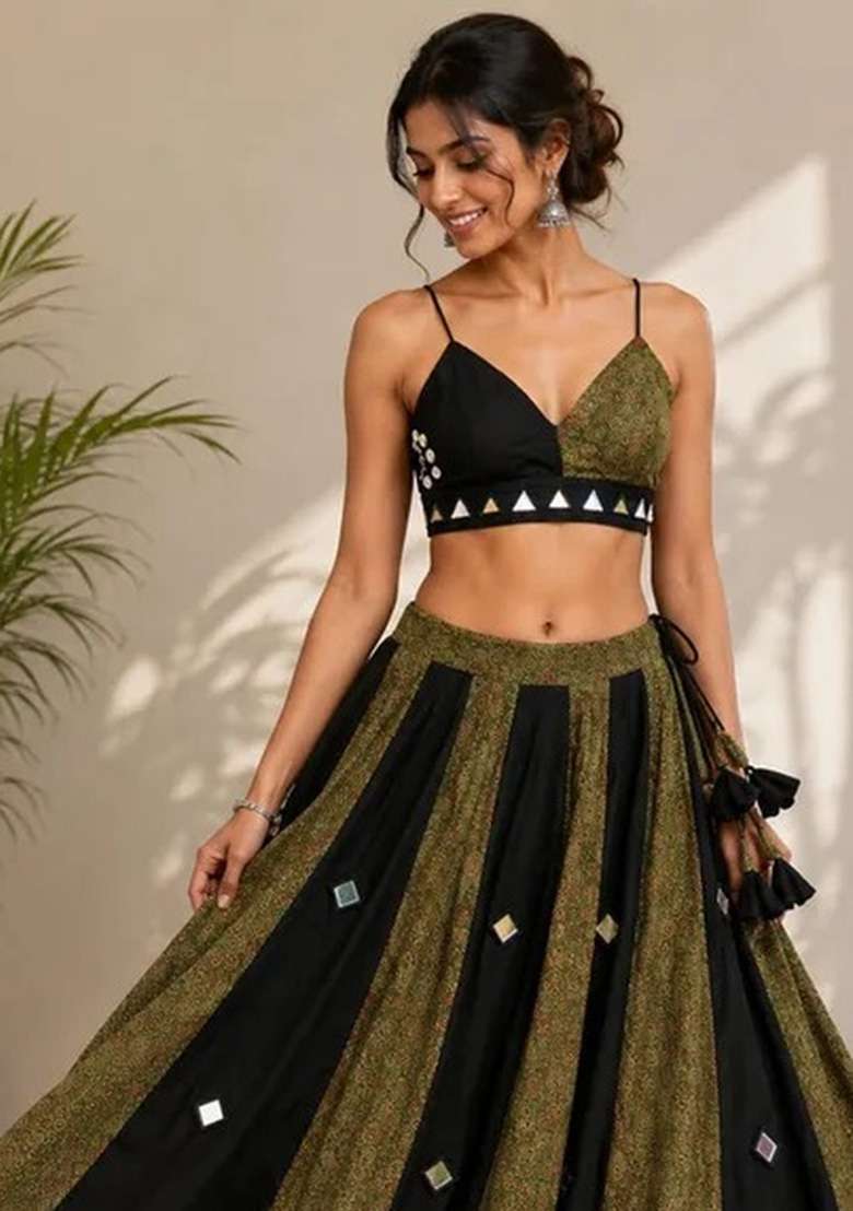 Olive Green And Black Mirror Work Cotton Navratri Lehenga Set - Indya