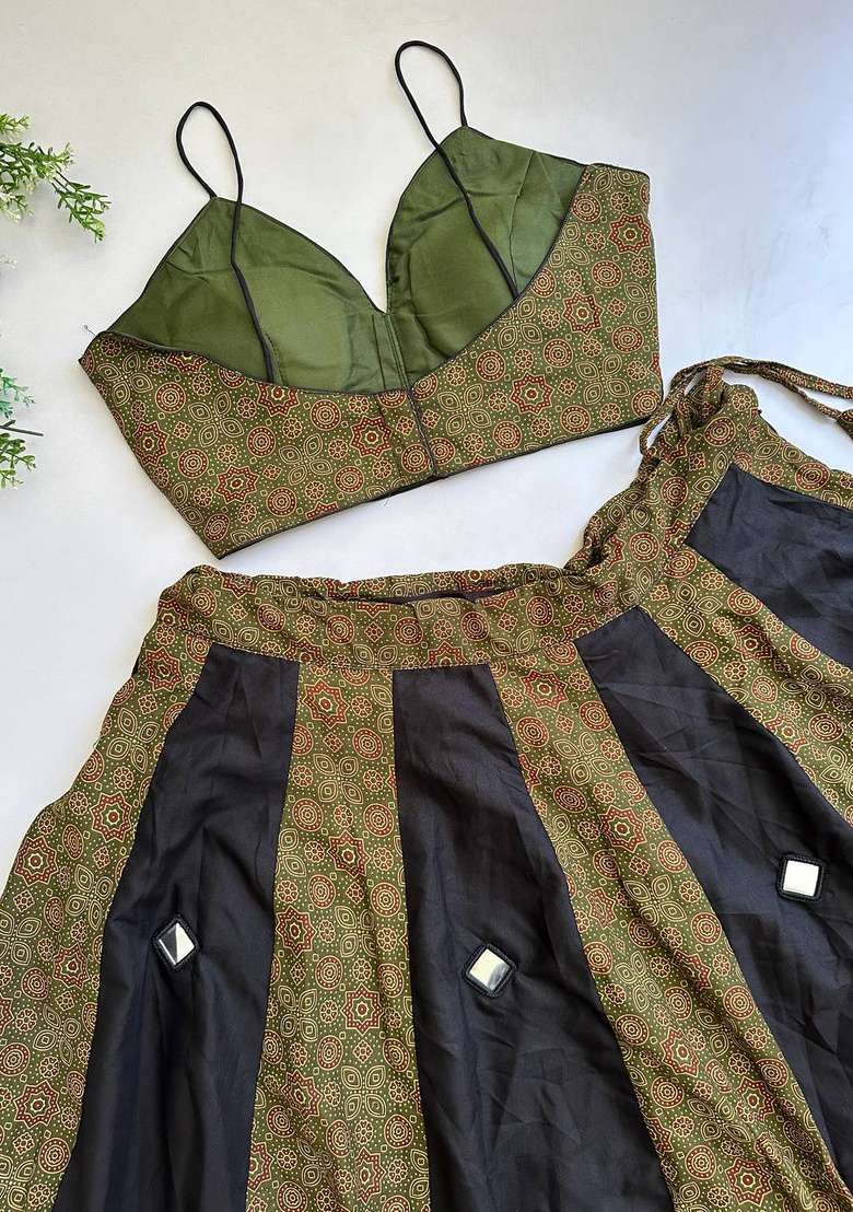 Olive Green And Black Mirror Work Cotton Navratri Lehenga Set - Indya