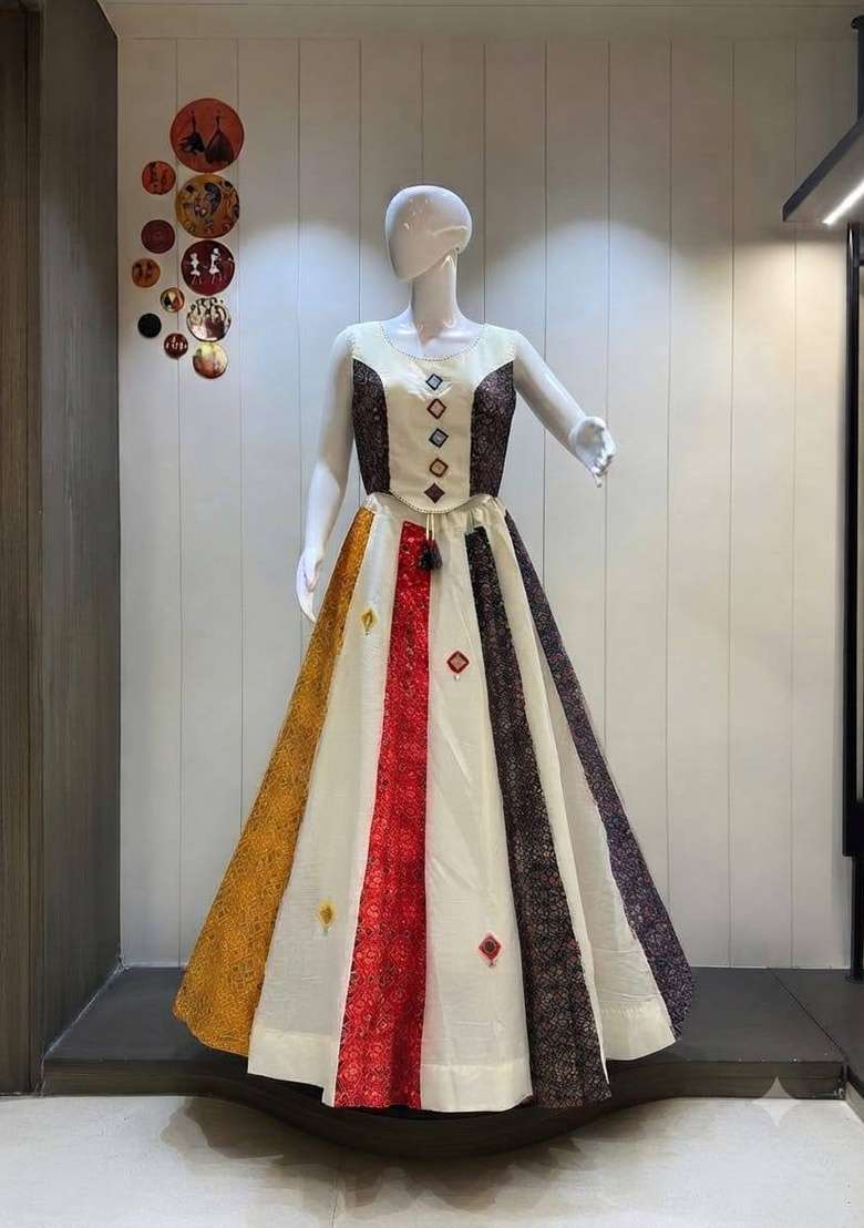 Multicolor Mirror Work Cotton Navratri Lehenga Set - Indya