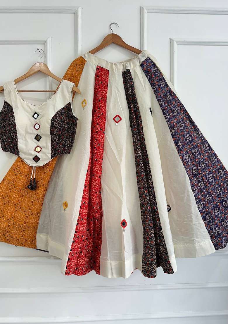 Multicolor Mirror Work Cotton Navratri Lehenga Set - Indya