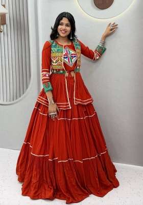 Rust Orange Mirror Work Cotton Navratri Lehenga Set for Diwali and Festive Wear