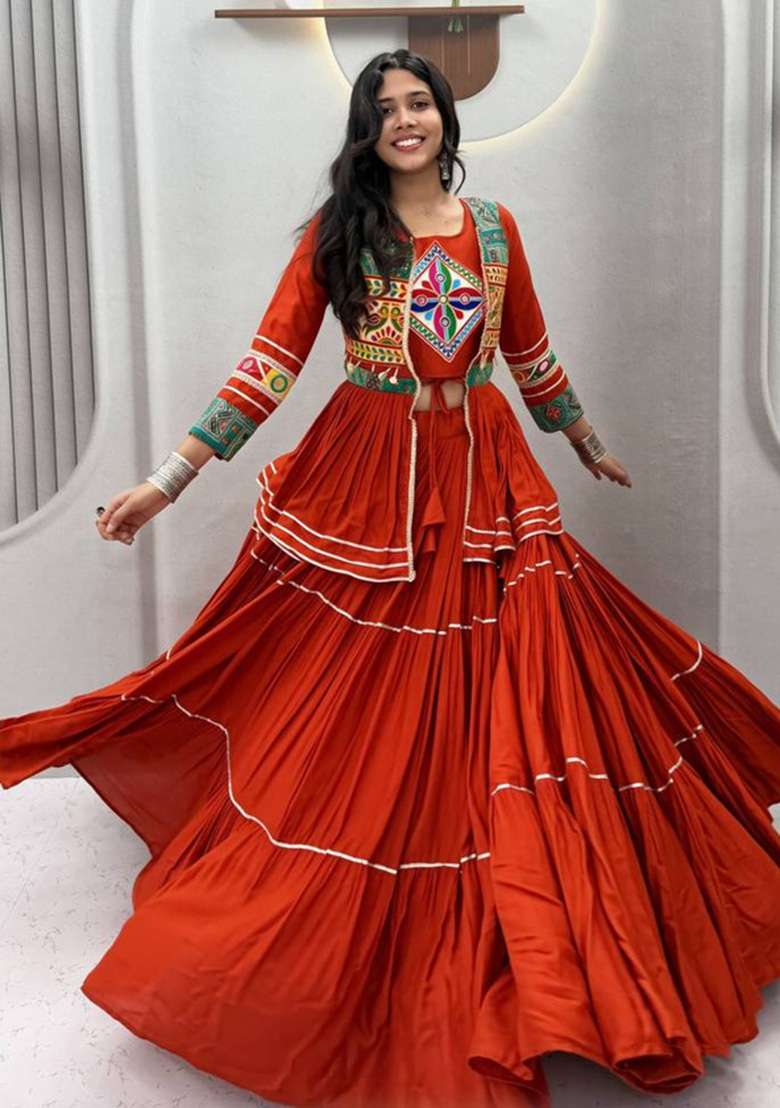 Rust Orange Mirror Work Cotton Navratri Lehenga Set - Indya