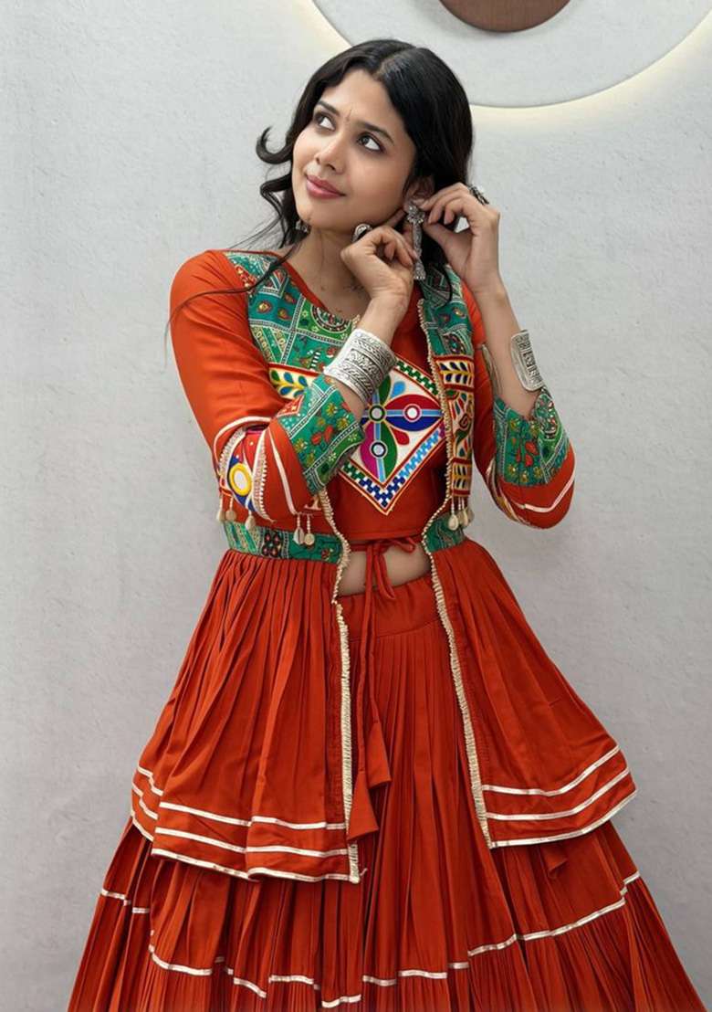 Rust Orange Mirror Work Cotton Navratri Lehenga Set - Indya