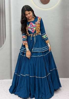 Royal Blue Navratri Cotton Lehenga Set with Mirror Work for Diwali | Wedding & Festive Wear