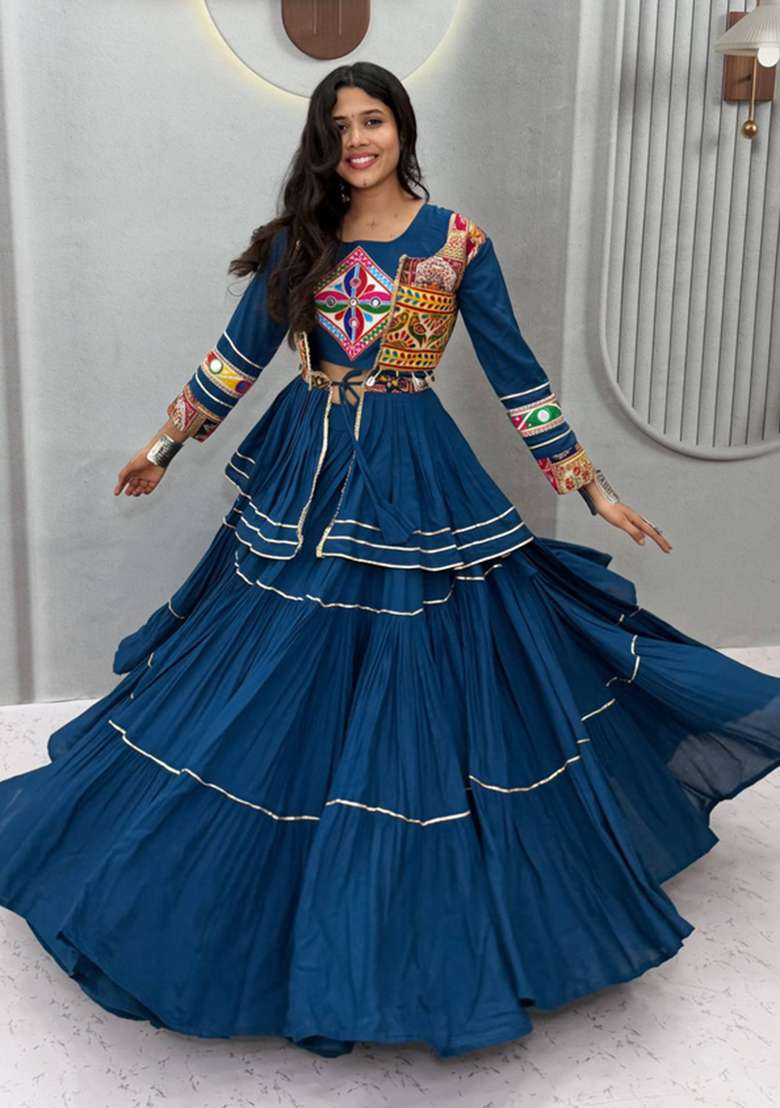 Royal Blue Mirror Work Cotton Navratri Lehenga Set - Indya