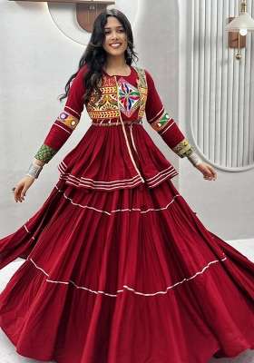 Maroon Navratri Cotton Lehenga Set with Mirror Work for Diwali | Wedding & Festive Wear