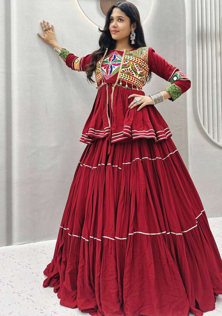 Maroon Mirror Work Cotton Navratri Lehenga Set - Indya