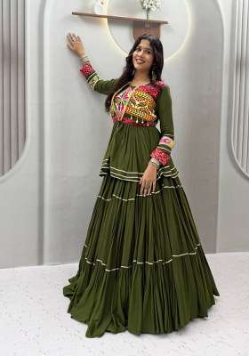 Mehendi Green Mirror Work Cotton Navratri Lehenga Set for Diwali and Festive Wear