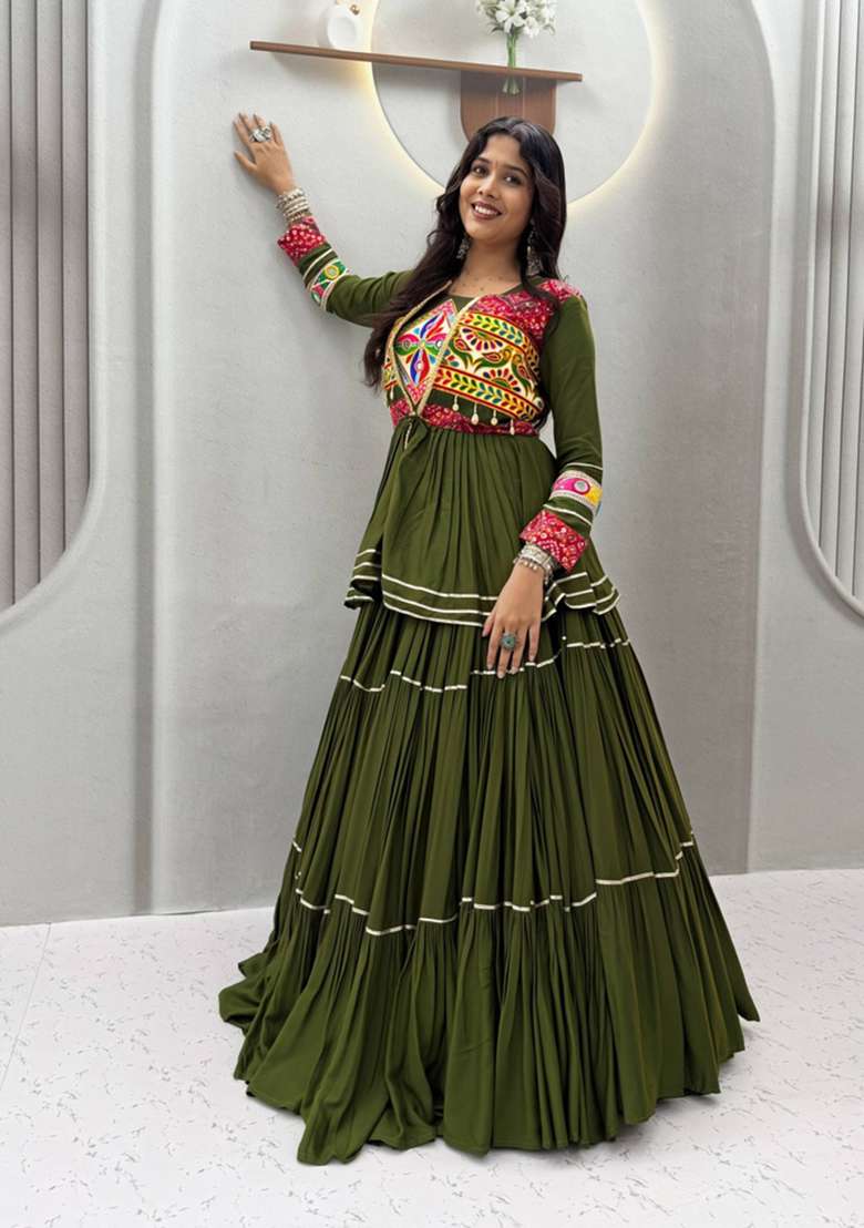 Mehendi Green Mirror Work Cotton Navratri Lehenga Set for Diwali and Festive Wear - Indya