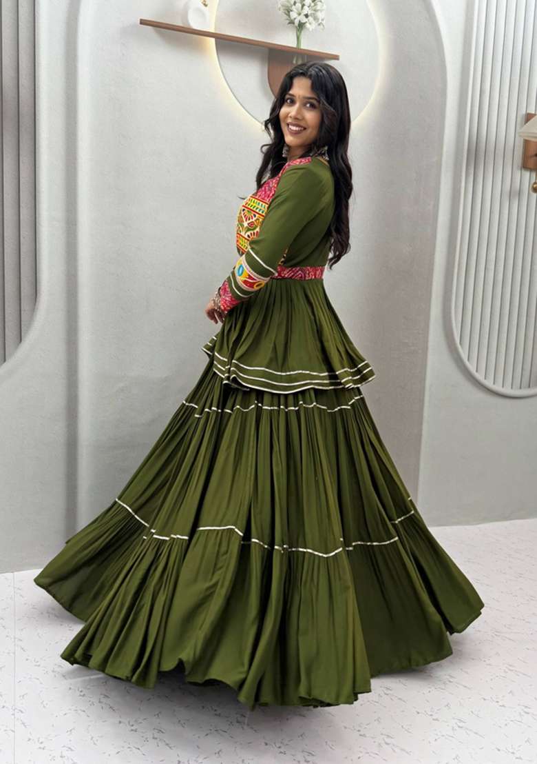 Mehendi Green Mirror Work Cotton Navratri Lehenga Set for Diwali and Festive Wear - Indya