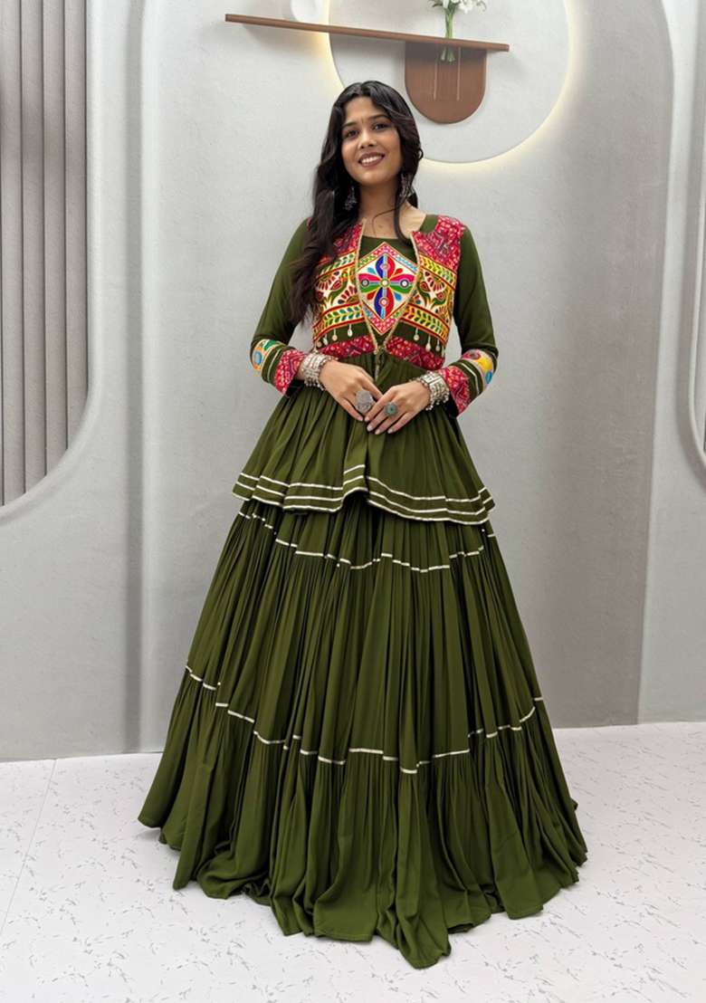 Mehendi Green Mirror Work Cotton Navratri Lehenga Set for Diwali and Festive Wear - Indya