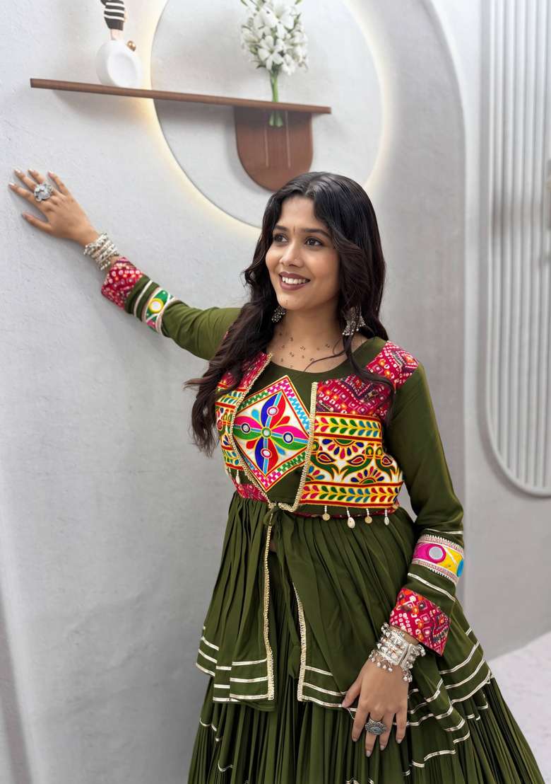 Mehendi Green Mirror Work Cotton Navratri Lehenga Set for Diwali and Festive Wear - Indya