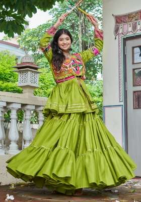 Parrot Green Navratri Cotton Lehenga Set with Mirror Work for Diwali | Wedding & Festive Wear