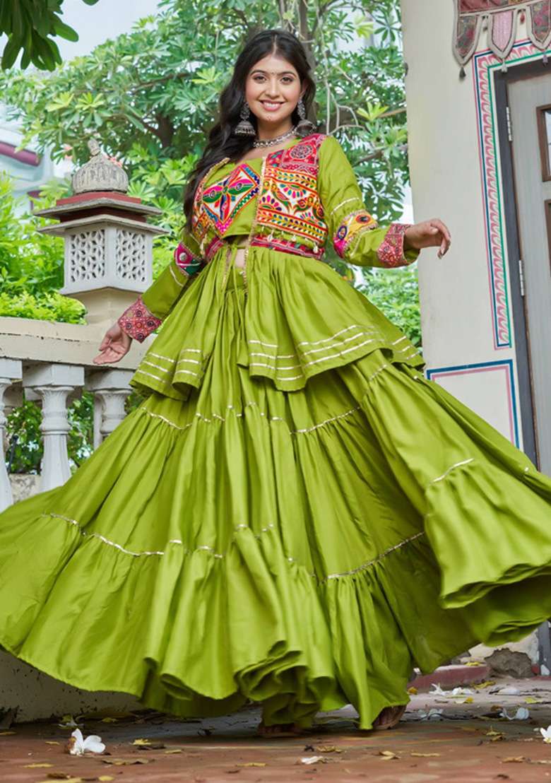 Parrot Green Mirror Work Cotton Navratri Lehenga Set - Indya