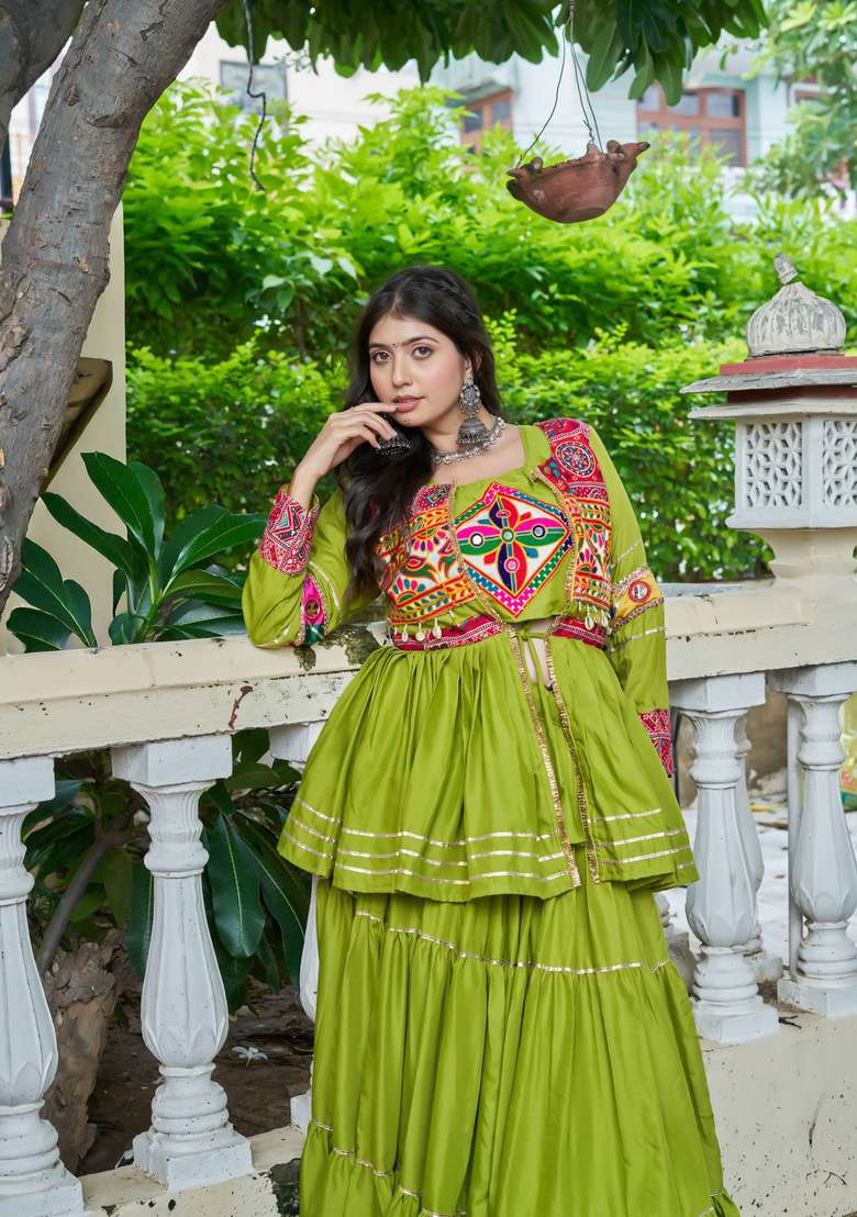 Parrot Green Mirror Work Cotton Navratri Lehenga Set - Indya
