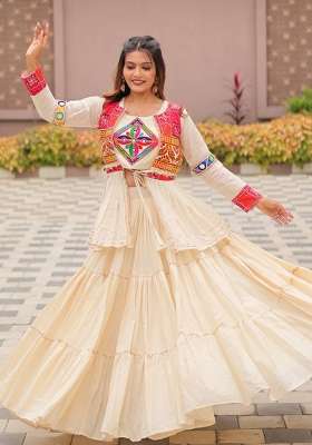 Off White Mirror Work Cotton Navratri Lehenga Set for Diwali and Festive Wear
