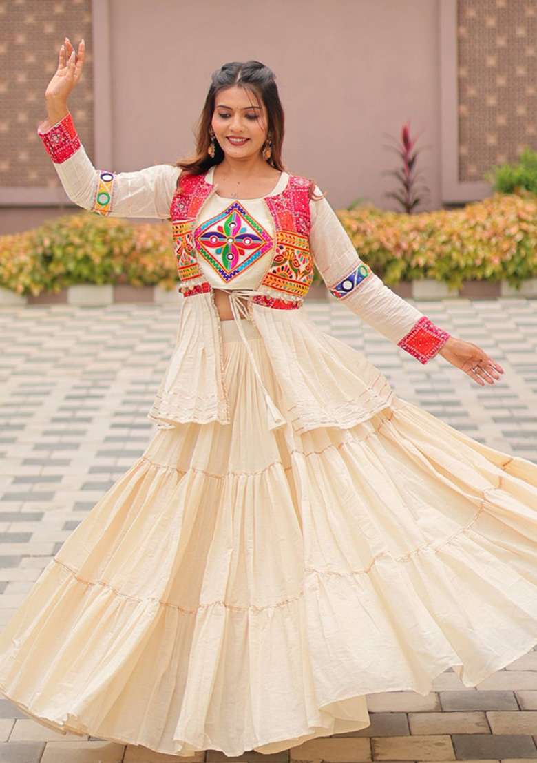 Off White Mirror Work Cotton Navratri Lehenga Set for Diwali and Festive Wear - Indya