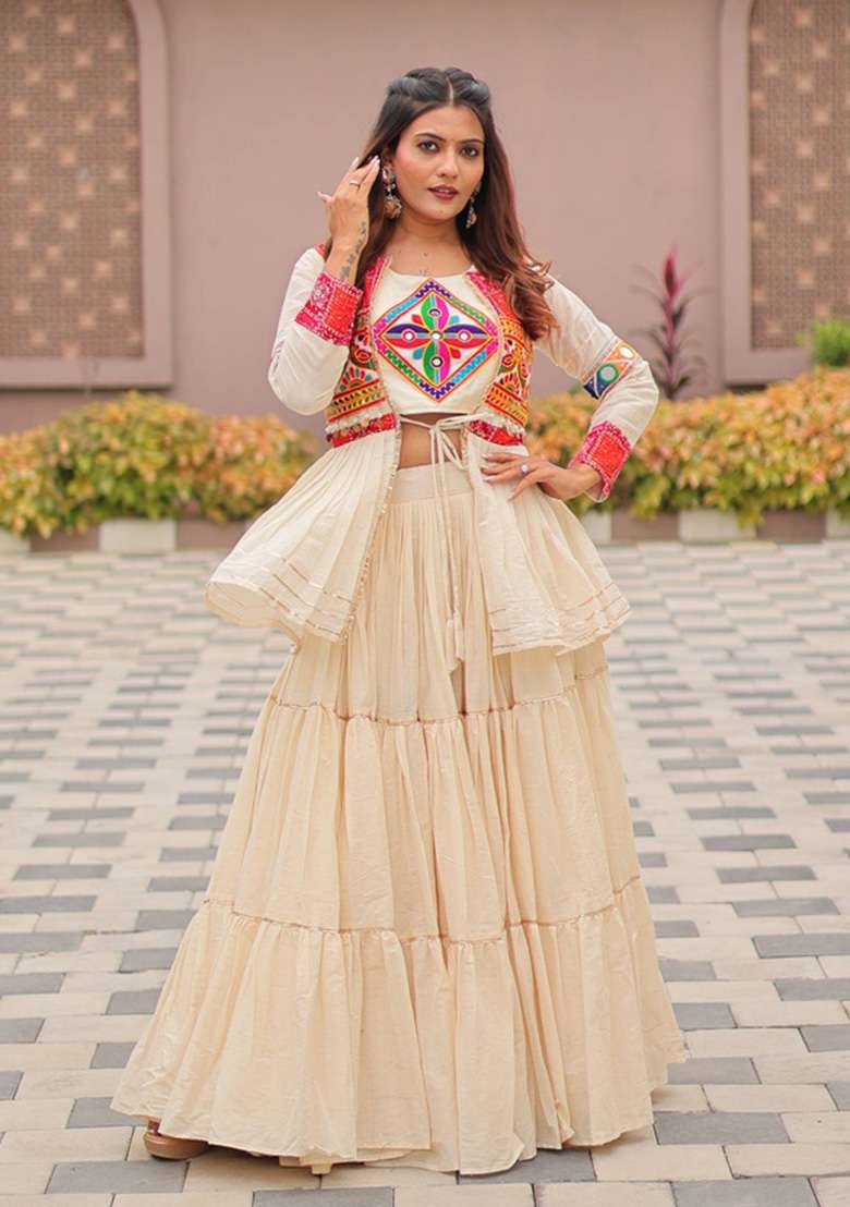 Off White Mirror Work Cotton Navratri Lehenga Set for Diwali and Festive Wear - Indya