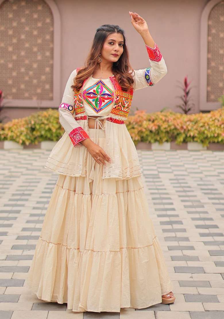 Off White Mirror Work Cotton Navratri Lehenga Set for Diwali and Festive Wear - Indya