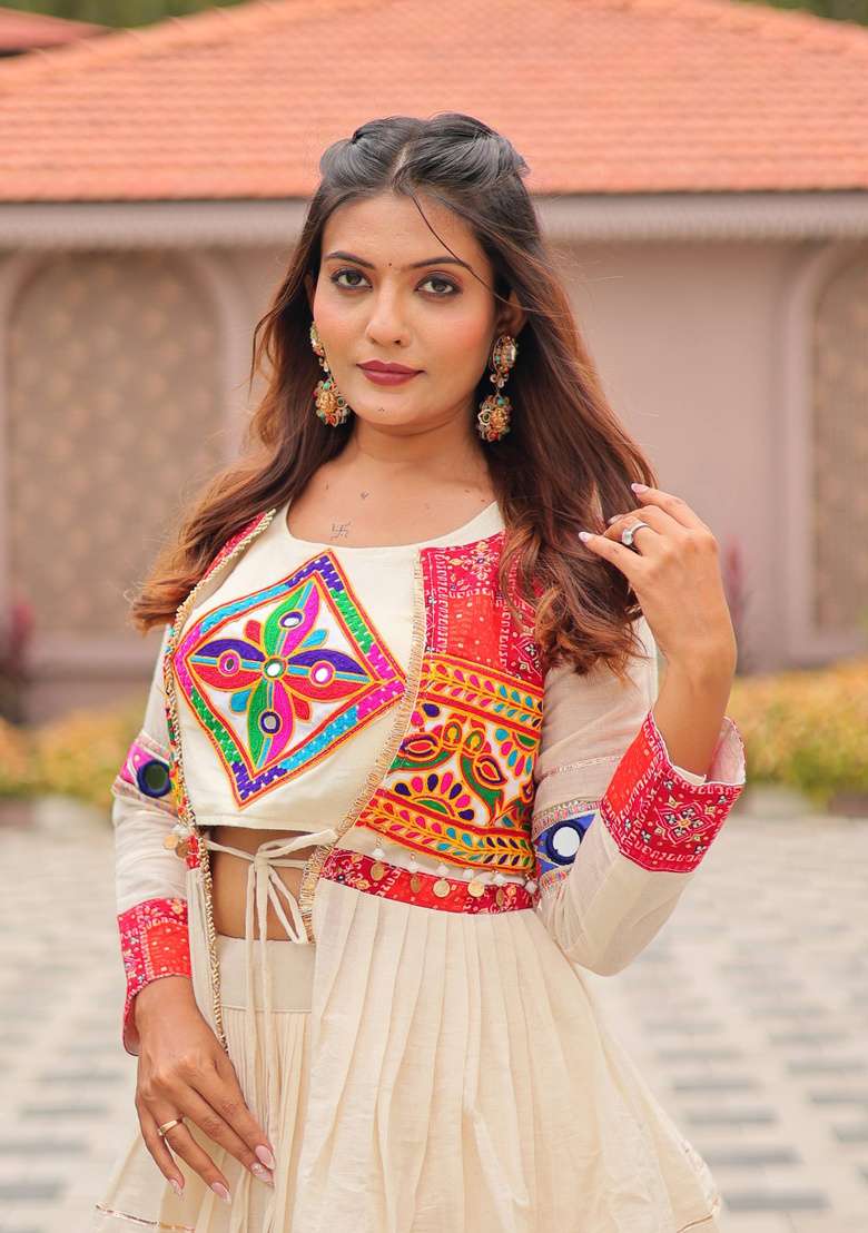Off White Mirror Work Cotton Navratri Lehenga Set for Diwali and Festive Wear - Indya