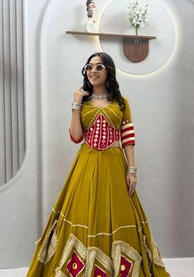 Mustard Yellow Mirror Work Cotton Navratri Lehenga Set for Diwali and Festive Wear