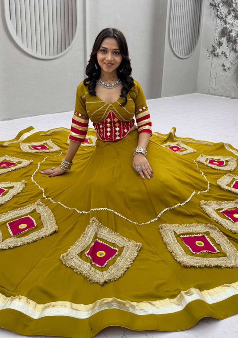 Mustard Yellow Mirror Work Cotton Navratri Lehenga Set - Indya