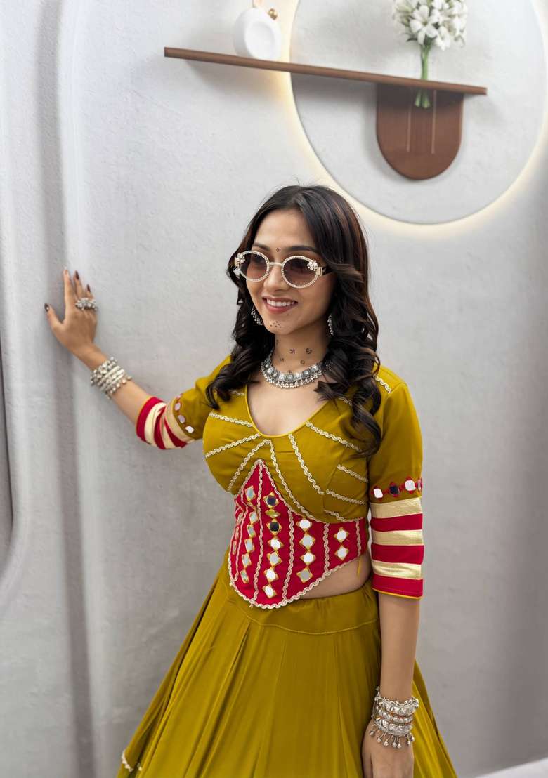 Mustard Yellow Mirror Work Cotton Navratri Lehenga Set - Indya
