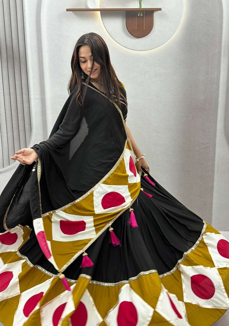 Black Printed Cotton Navratri Lehenga Set - Indya
