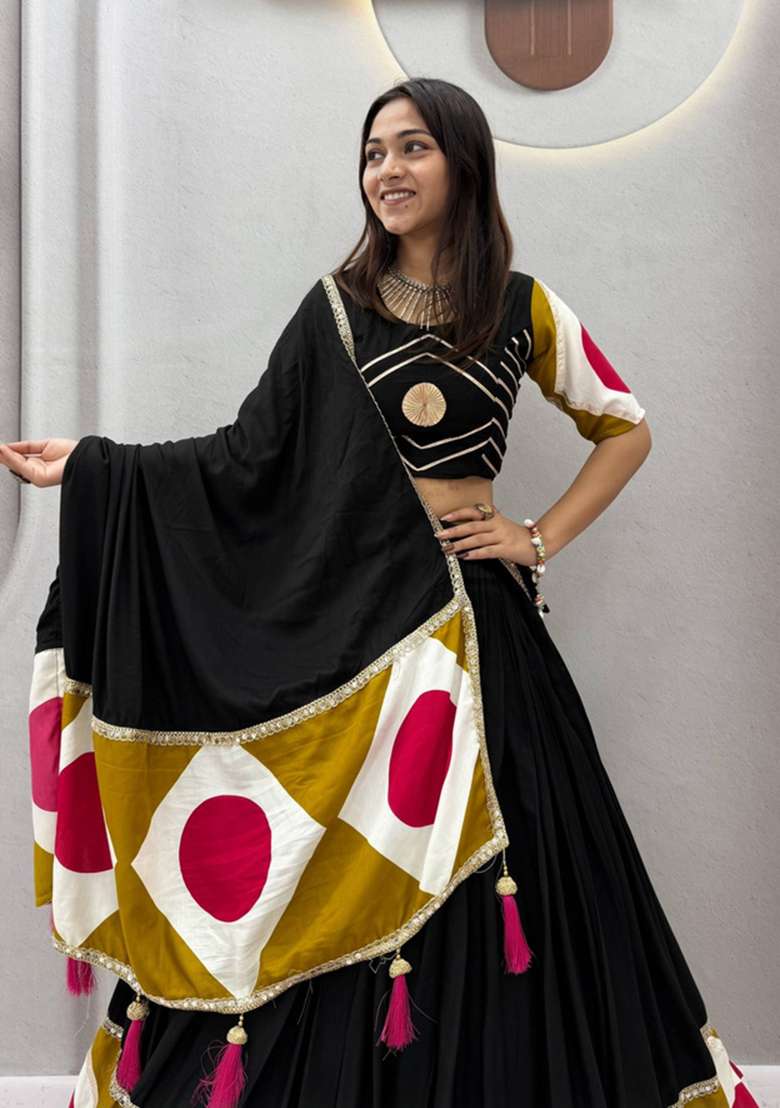 Black Printed Cotton Navratri Lehenga Set - Indya