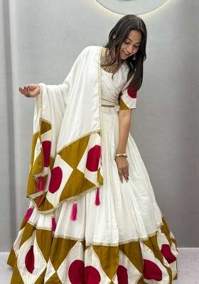 White Printed Cotton Navratri Lehenga Set for Diwali and Festive Wear