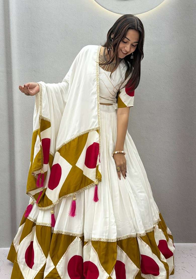 White Printed Cotton Navratri Lehenga Set for Diwali and Festive Wear - Indya