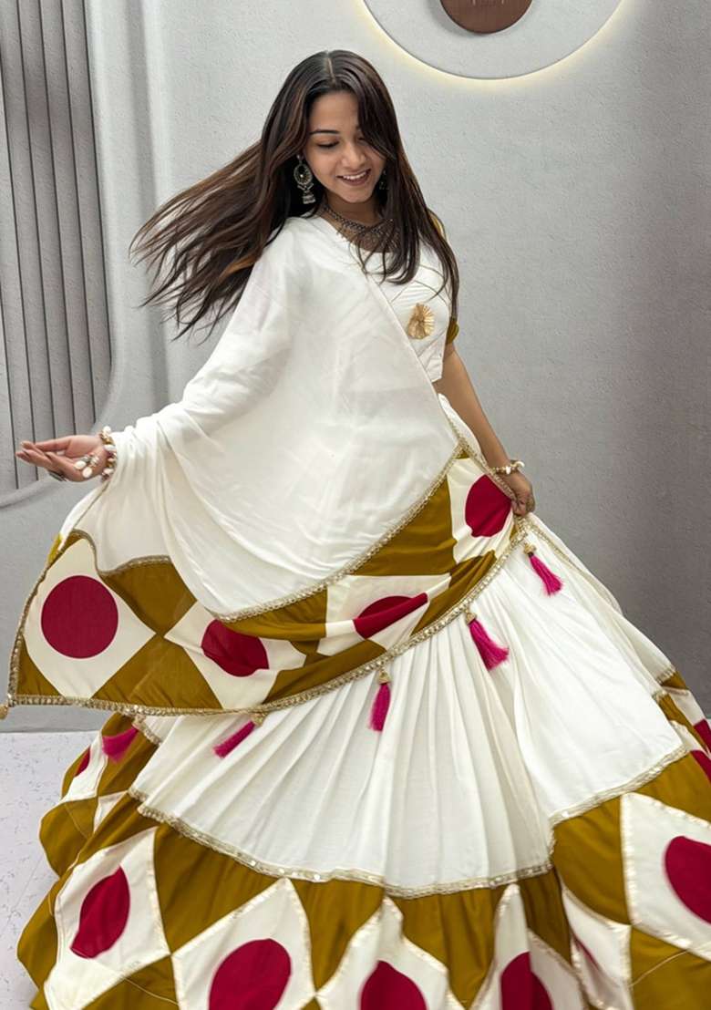 White Printed Cotton Navratri Lehenga Set for Diwali and Festive Wear - Indya