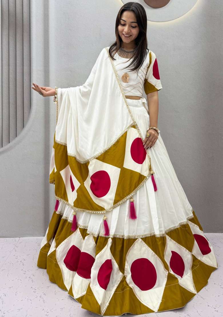 White Printed Cotton Navratri Lehenga Set for Diwali and Festive Wear - Indya