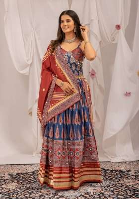 Indigo Blue And Brick Red Navratri Crepe Lehenga Set with Printed for Diwali | Wedding & Festive Wear