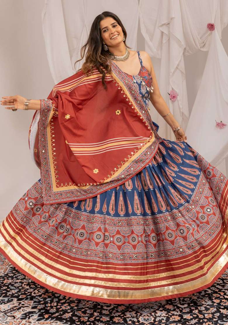 Indigo Blue And Brick Red Printed Crepe Navratri Lehenga Set - Indya