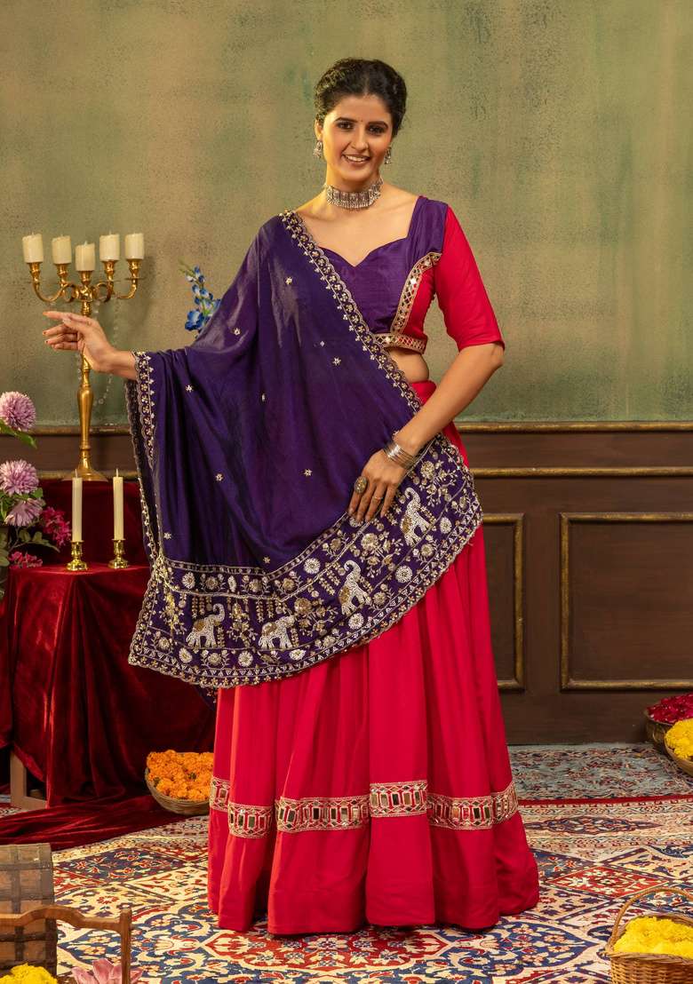 Rani Pink And Purple Embroidered Silk Navratri Lehenga Set for Diwali and Festive Wear - Indya