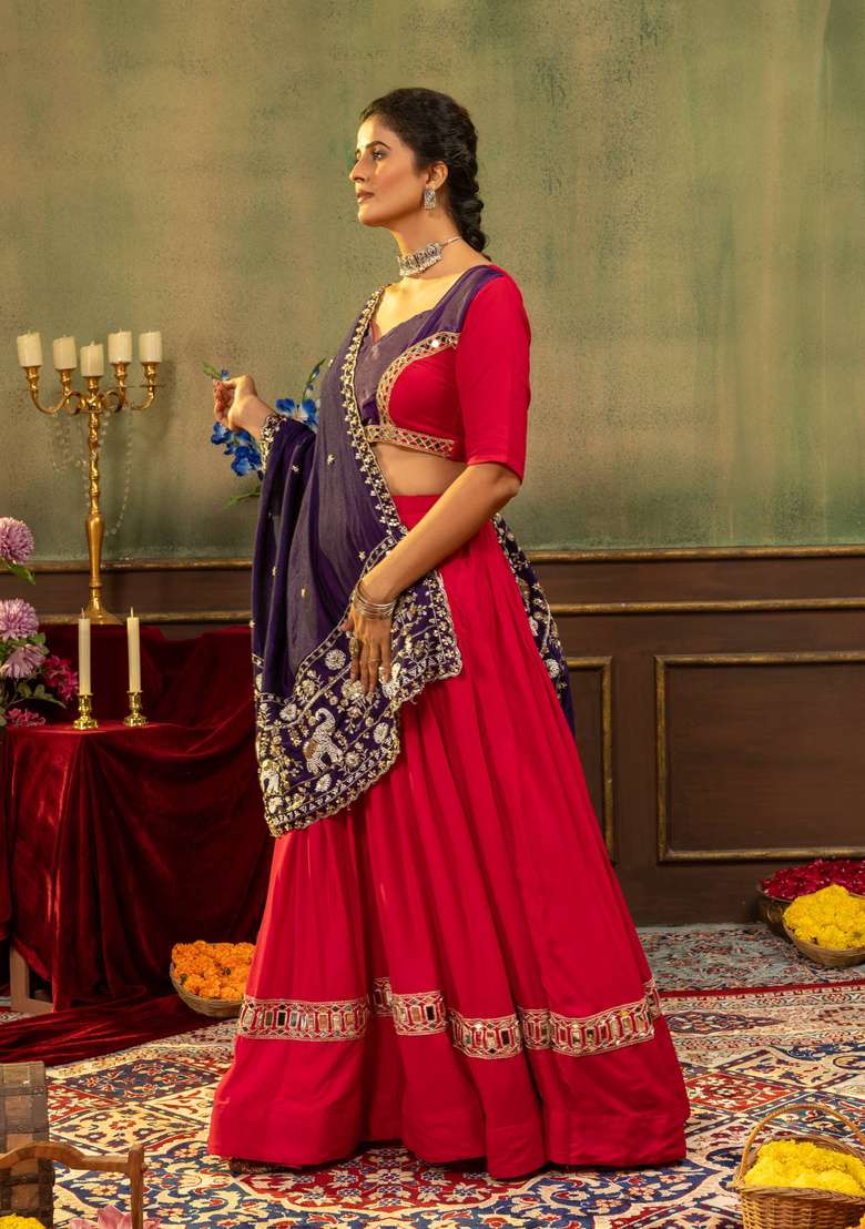 Rani Pink And Purple Embroidered Silk Navratri Lehenga Set for Diwali and Festive Wear - Indya