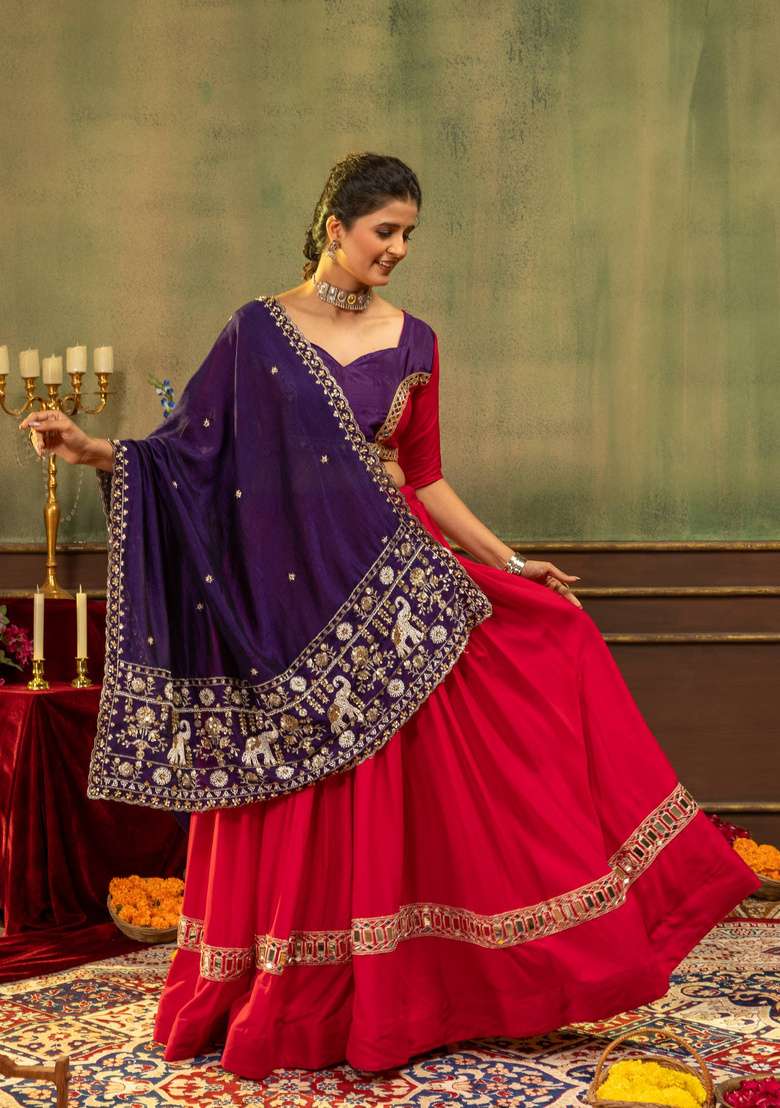 Rani Pink And Purple Embroidered Silk Navratri Lehenga Set for Diwali and Festive Wear - Indya