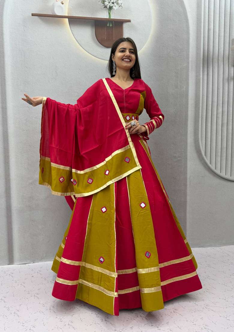 Rani Pink And Olive Green Mirror Work Silk Navratri Lehenga Set for Diwali and Festive Wear - Indya