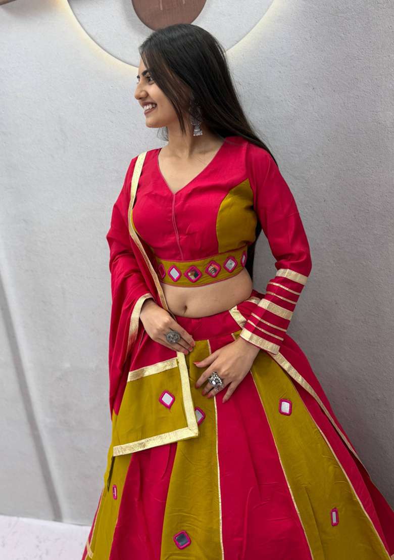 Rani Pink And Olive Green Mirror Work Silk Navratri Lehenga Set for Diwali and Festive Wear - Indya