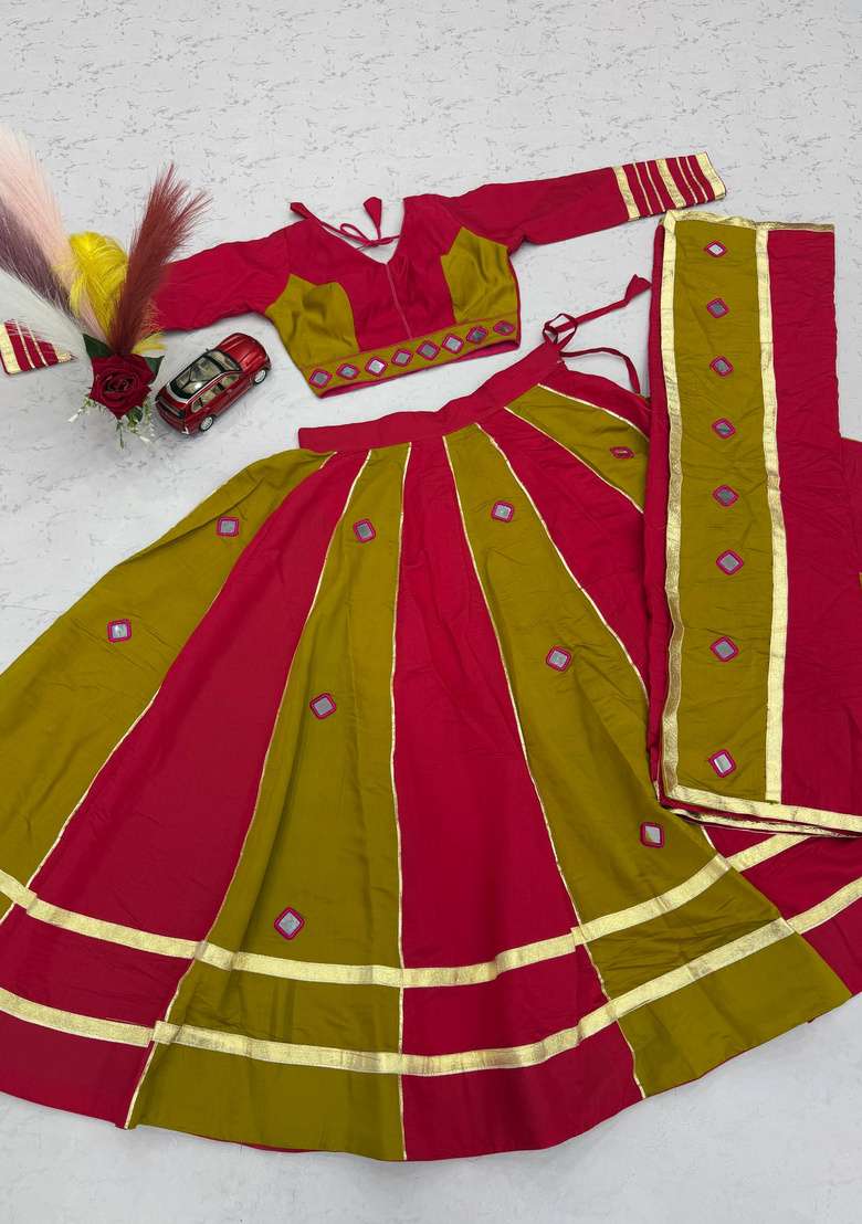 Rani Pink And Olive Green Mirror Work Silk Navratri Lehenga Set for Diwali and Festive Wear - Indya